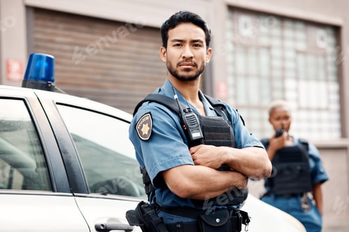 Preview: Asian man, police and arms crossed in city for law enforcement, protection or street safety. Portra