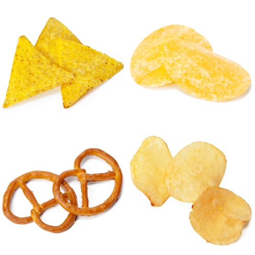 Preview: Salty snacks. Pretzels, chips, crackers collage