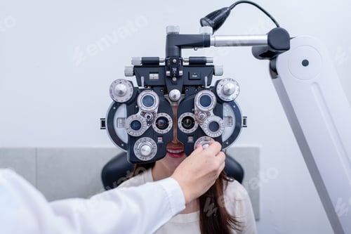 Preview: Woman optical shop customer doing eyesight measurement with optical phoropter check eye distance for