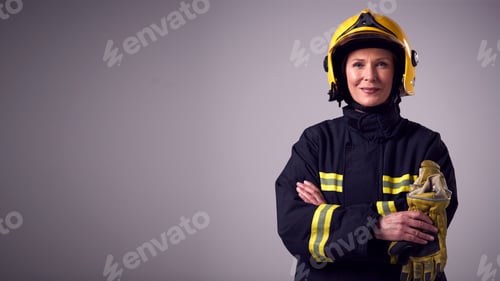 Preview: Studio Portrait Of Smiling Mature Female Firefighter Against Plain Background
