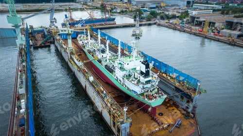Preview: cargo container ship at dry dock concept maintenance service working in the sea. Insurance