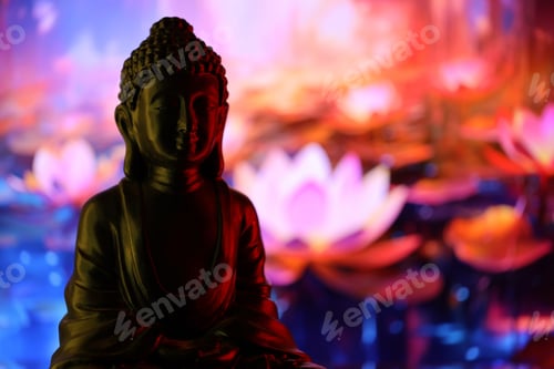 Preview: Buddha Purnima and Vesak day concept, Buddha statue with low key light against beautiful