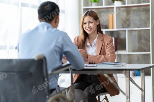 Preview: Business woman talk with male job applicant at interview.