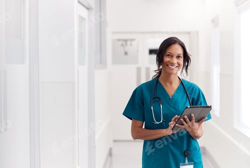 Preview: Portrait Of Smiling Female Doctor Wearing Scrubs In Hospital Corridor Holding Digital Tablet