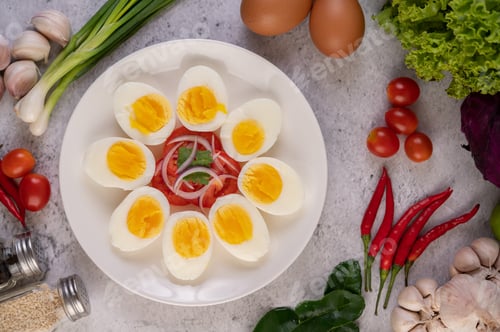 Preview: Half boiled egg in a white plate with tomatoes and spring onions.