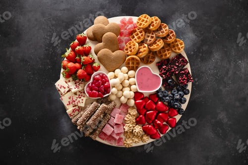 Preview: Charcuterie Valentines Day board with chocolate sweets.