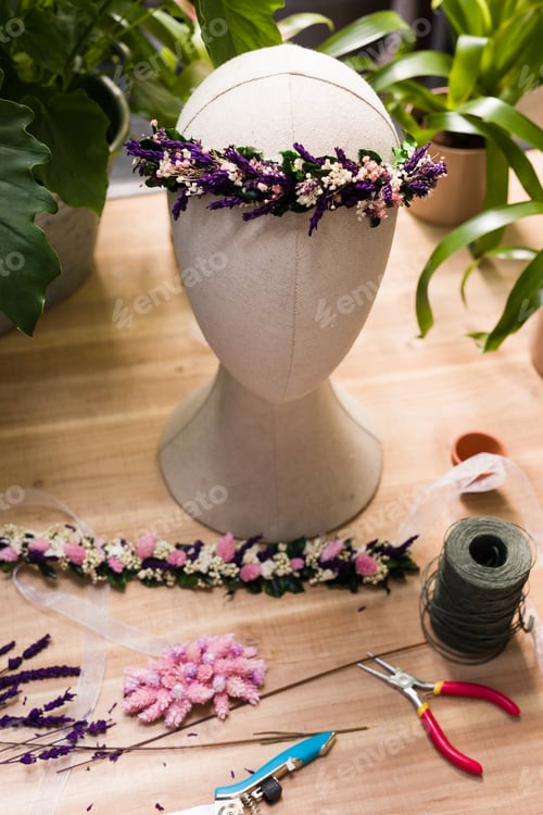 Preview: florist flowers background with no people. flower shop arrangement decoration workspace. copy space