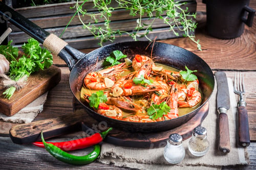 Preview: Tasty shrimps with garlic and coriander on old wooden table