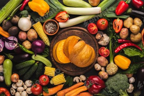 Preview: Fresh organic vegetables and wooden board background