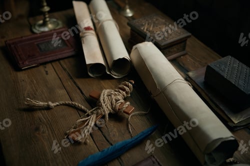 Preview: Obsolete medieval wooden table with traditional antique documents and cross