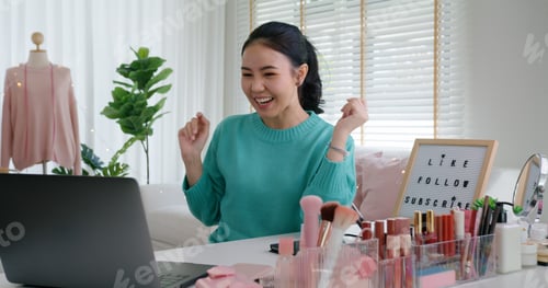 Preview: Asia woman micro influencer record live viral video camera at home studio