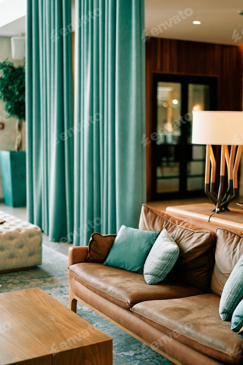 Preview: Cozy lounge area with leather sofa with cushions and coffee table