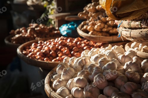 Preview: Baskets with garlic and onions under morning light at the street market, Nha Trang, Vietnam.