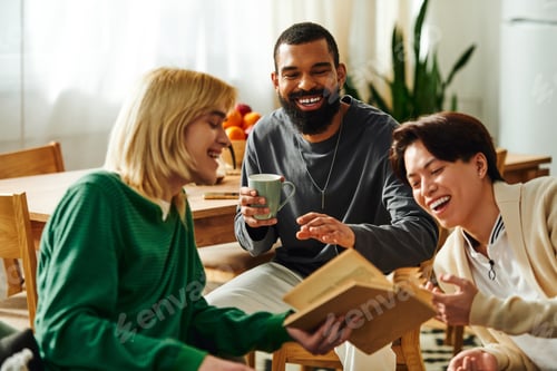 Preview: Young men enjoying lively discussions at a cozy book club gathering in a modern home