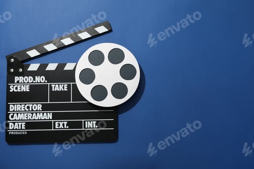 Preview: Clapperboard and reel on blue background, space for text