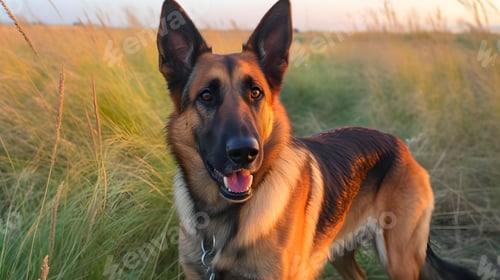 Preview: Brown German Shepherd dog standing in a lush green grassy field