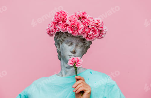 Preview: Antique bust of male with carnations bouquet in a hat