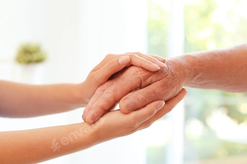Preview: Helping hands on blurred background, closeup. Elderly care concept