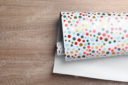 Preview: Roll of wrapping paper on wooden table, top view. Space for text