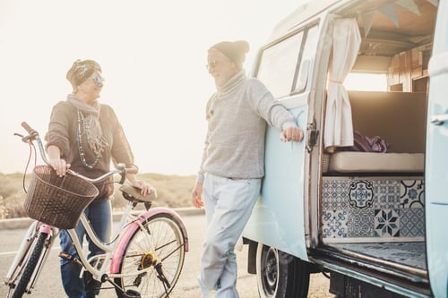 Preview: Happy people senior age couple smile and enjoy outdoor travel leisure activity together