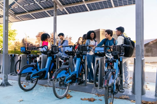 Preview: Multiracial students using electric bike sharing system