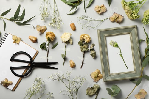 Preview: Dried flowers and plants, notepad, photo frame and scissors on light background, top view
