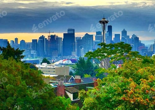 Preview: Background image of beautiful Seattle cityscape as seen from public park overlook.