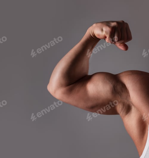 Preview: Men's athletic arm shows strength and biceps muscle. Strength, Health, Workout and Diet
