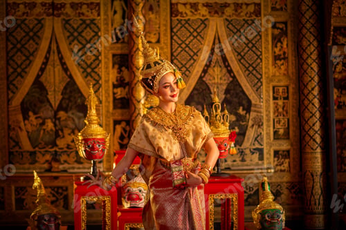 Preview: Beautiful Asian woman wear Thai ancient traditional dress action of dancing in front of Khon
