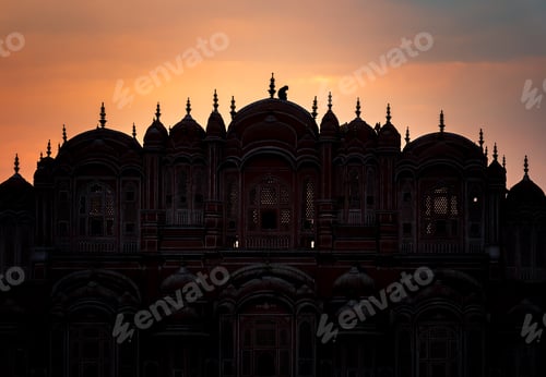 Preview: Silhouette of Hawa Mahal palace with monkey at sunset, Jaipur, Rajasthan, India