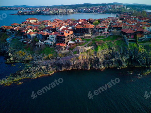 Preview: iew from a height of the city of Nessebar with houses and parks washed by the Black Sea in Bulgaria