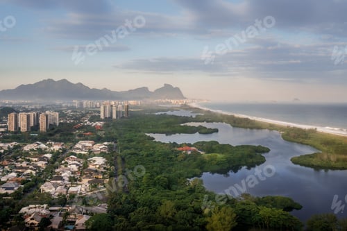 Preview: Aerial view of Marapendi Lagoon and Reserve at Barra da Tijuca at sunset - Rio de Janeiro, Brazil