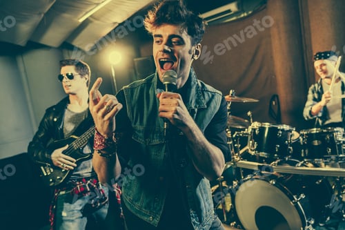 Preview: selective focus of stylish singer singing in microphone near guitarist in sunglasses and drummer