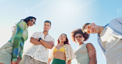 Preview: Portrait, blue sky and group of people on beach with confidence, diversity or outdoor adventure hol