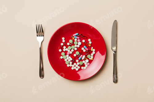 Preview: Many different weight loss pills and supplements as food on round plate. Pills served