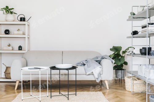 Preview: Nordic home interior with design sofa. Open artistic space. Template.
