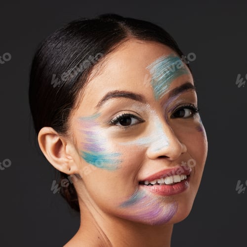 Preview: Beauty, face paint and smile, portrait of woman with creative makeup, art and self expression. Skin