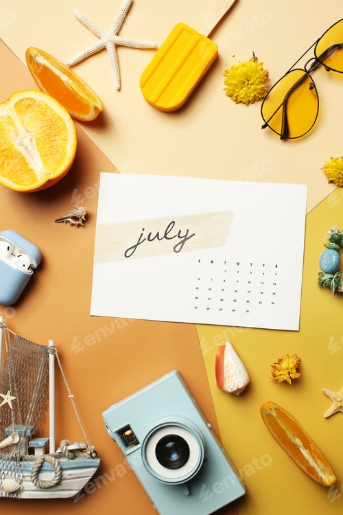 Preview: July Calendar with Summer Elements on Yellow Background