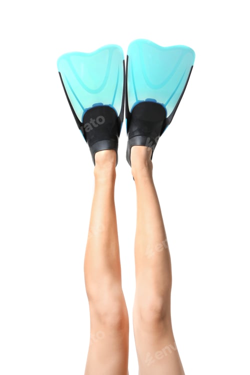 Preview: Woman wearing blue flippers on white background, closeup