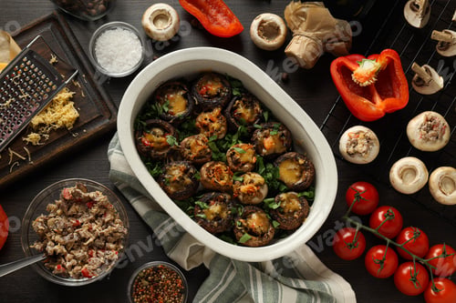 Preview: Stuffed mushrooms, towel and ingredients on wooden background, top view