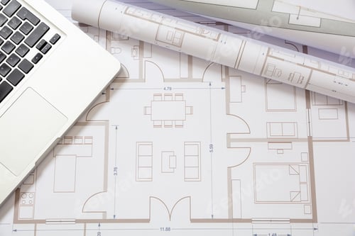 Preview: Architect engineer office desk. Drawings and computer laptop