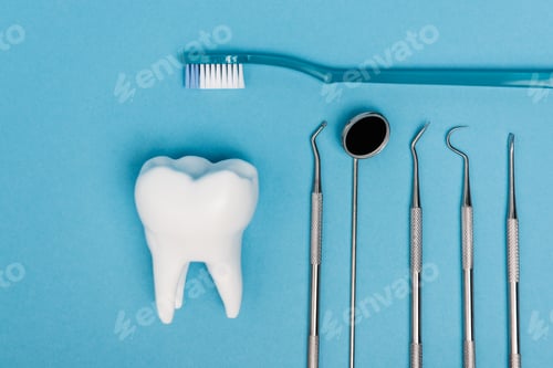 Preview: Top view of tooth model near toothbrush and dental tools on blue background