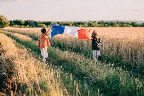 Preview: Cute Little Boys - French Patriot Kids Running With National Flag On Open Area