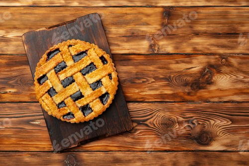 Preview: Close up of homemade traditional sweet autumn raspberry tart pie on wooden table