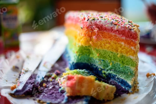 Preview: Rainbow Cake on birthday party Happy birthday Striped LGBT colored cake rainbow on the festive table