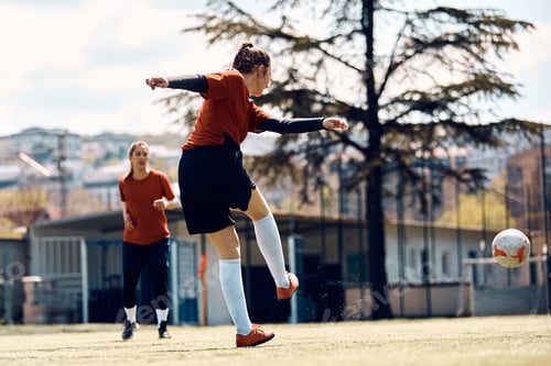 Preview: Rear view of female player kicking the ball during soccer training on playing field.