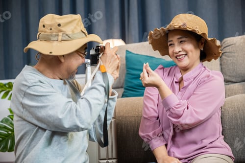 Preview: couple old senior marry retired couple smiling taking photo by camera