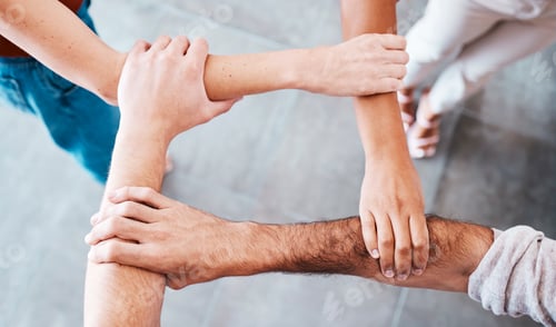 Preview: Hands, people and support with trust, teamwork and collaboration together for team goal from above.
