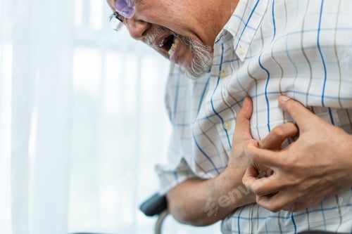 Preview: Asian senior older man having chest pain feel suffer from heart attack.