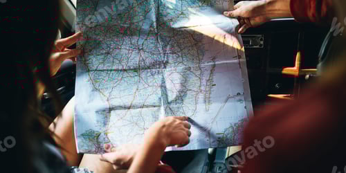 Preview: Friends Reading Map Traveling Destination Camping Concept